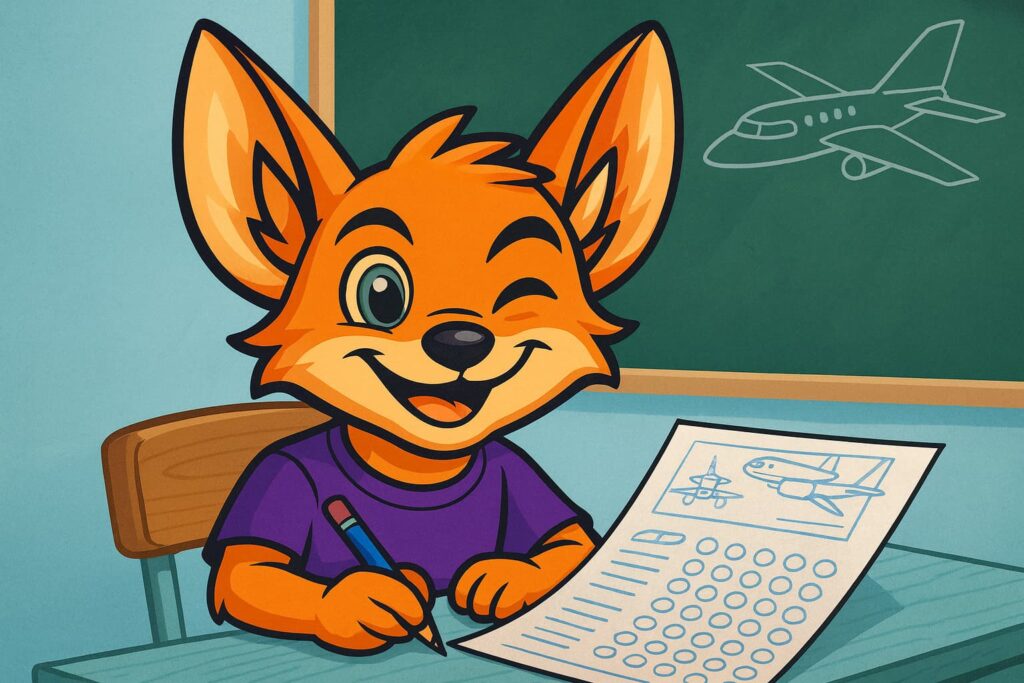 Ilustración de un zorro FennHero preparando un examen de aviación, representando oposiciones Cuerpo de Ingenieros Aeronáuticos 2025.