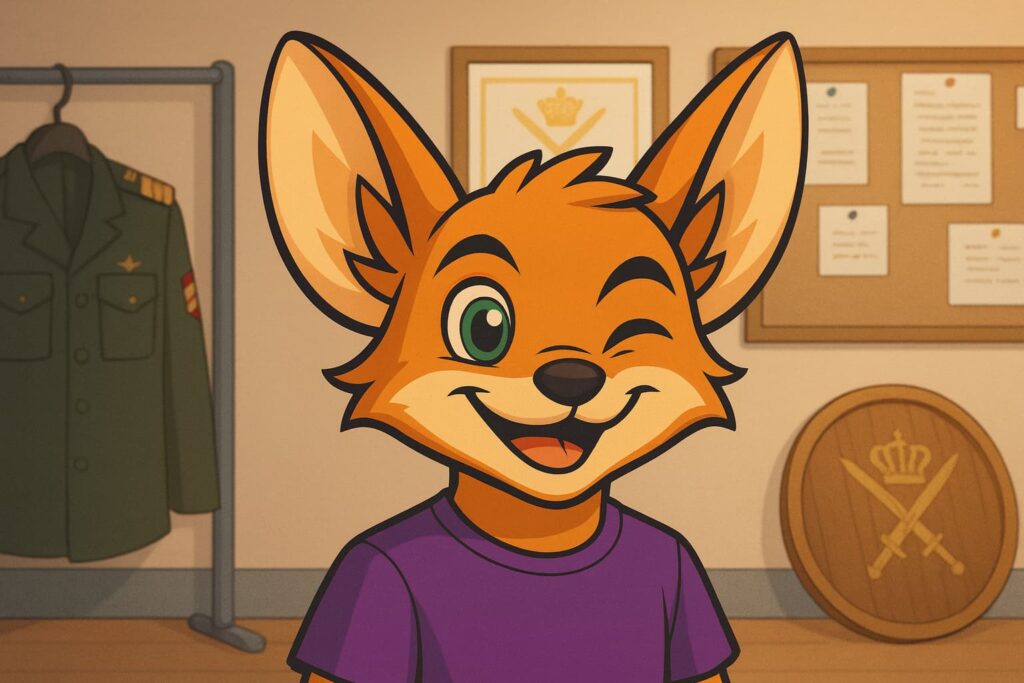 Ilustración de Fenn, la mascota de un zorro, frente a una torre de control y un avión despegando, inspirada en oposiciones Operaciones y Navegación Aérea 2025.